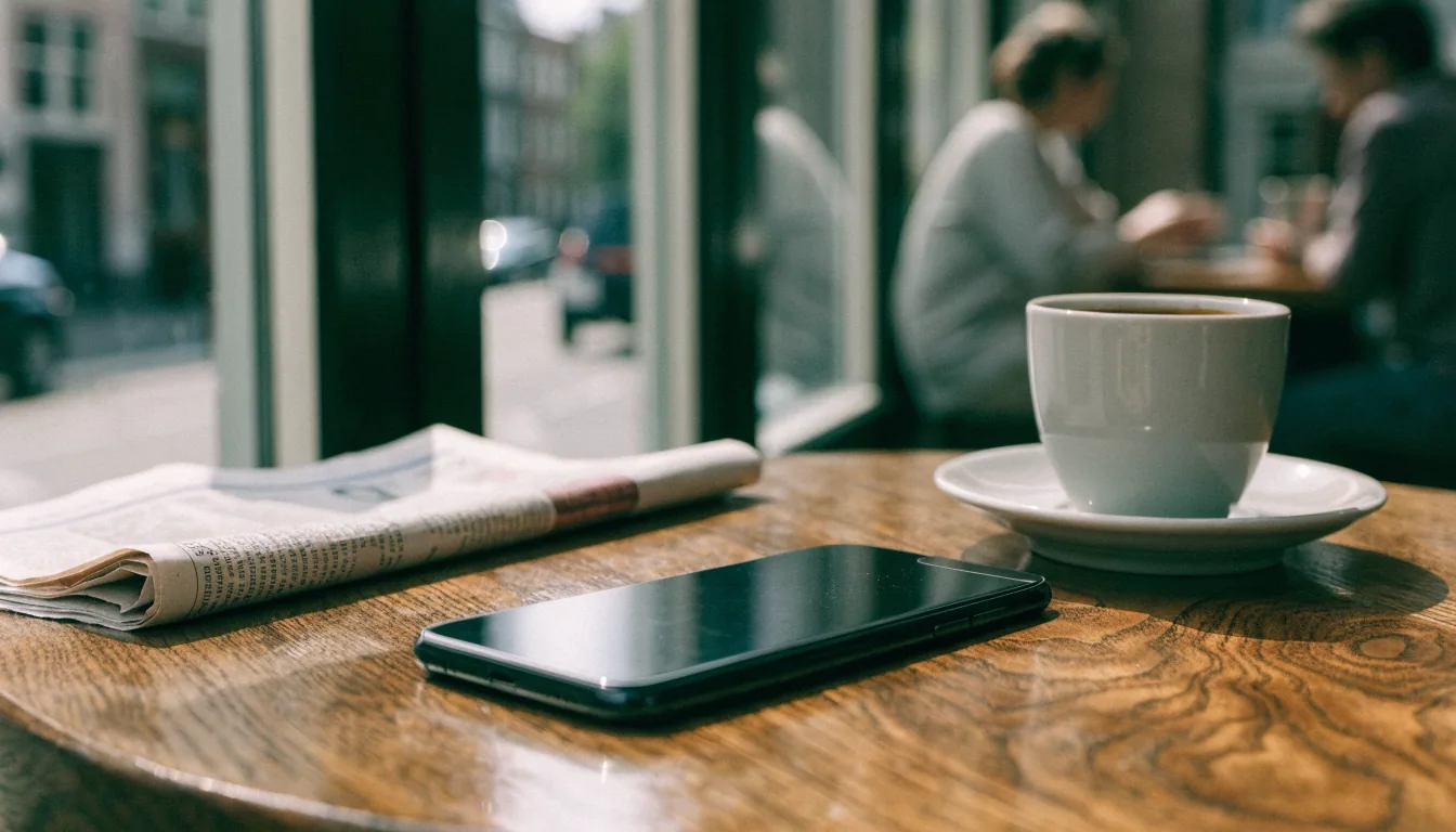 Een Nederlandse smartphone op een houten tafel naast een kop koffie