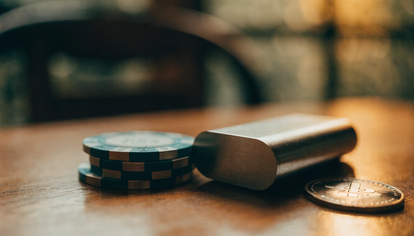 Casinochips naast een hardware wallet met Litecoin-munt op een houten tafel