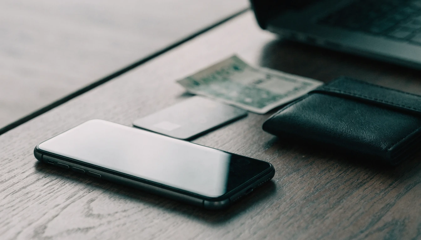 Smartphone en portemonnee op een bureau bij online betalen