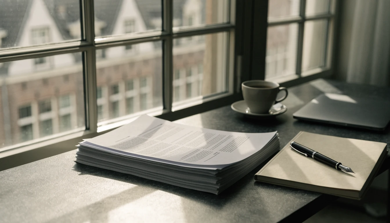 Een opgeruimd bureau met documenten en een gesloten laptop bij daglicht