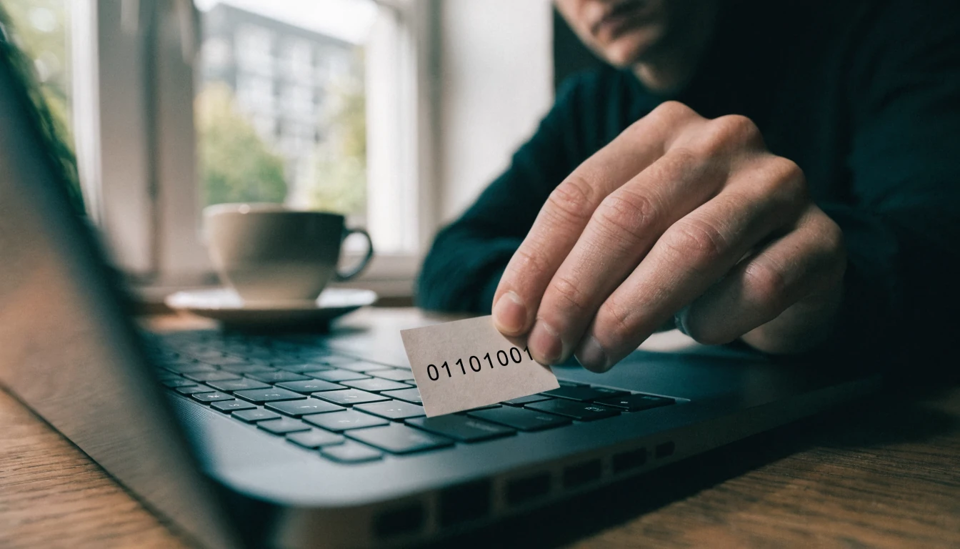 Hand met een papieren label bij een laptop