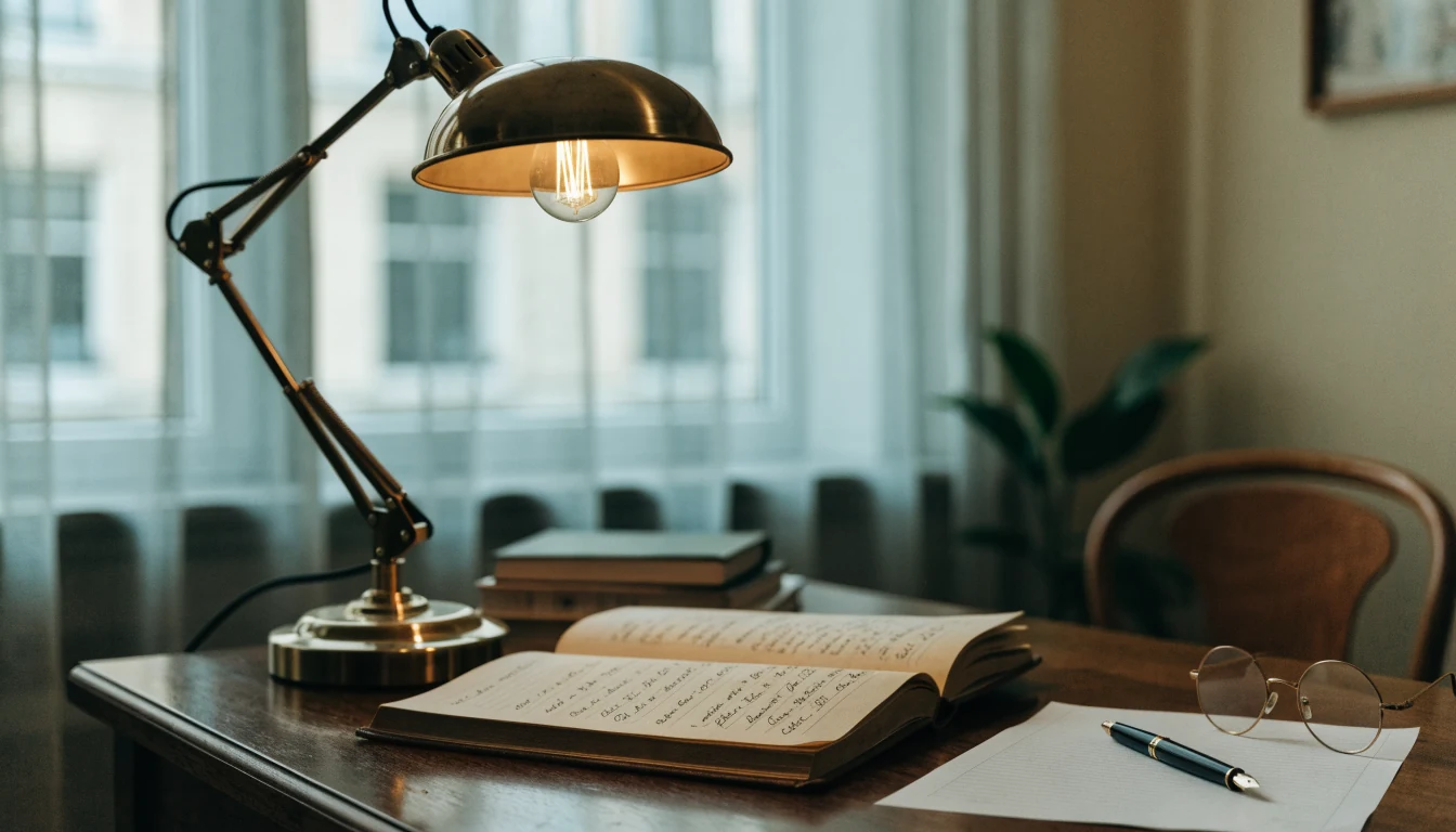 Een bureau met een notitieboek, pen en leesbril in zacht daglicht.