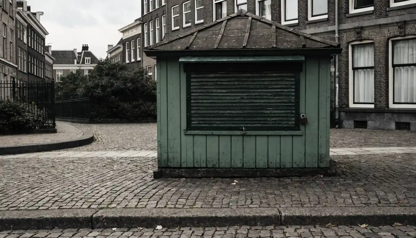 Gesloten groene loterijkraam op een Nederlands plein.