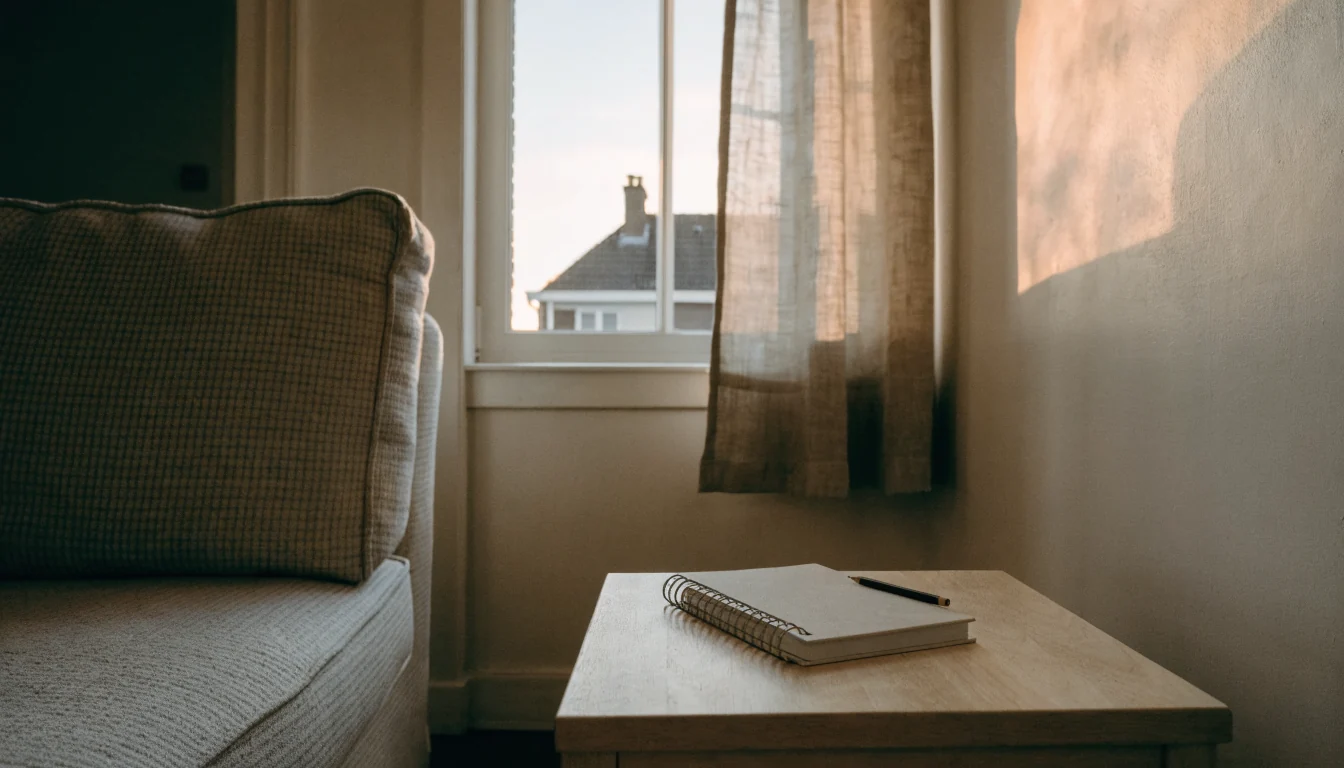 Gesloten notitieboek met potlood in een rustige huiskamer.