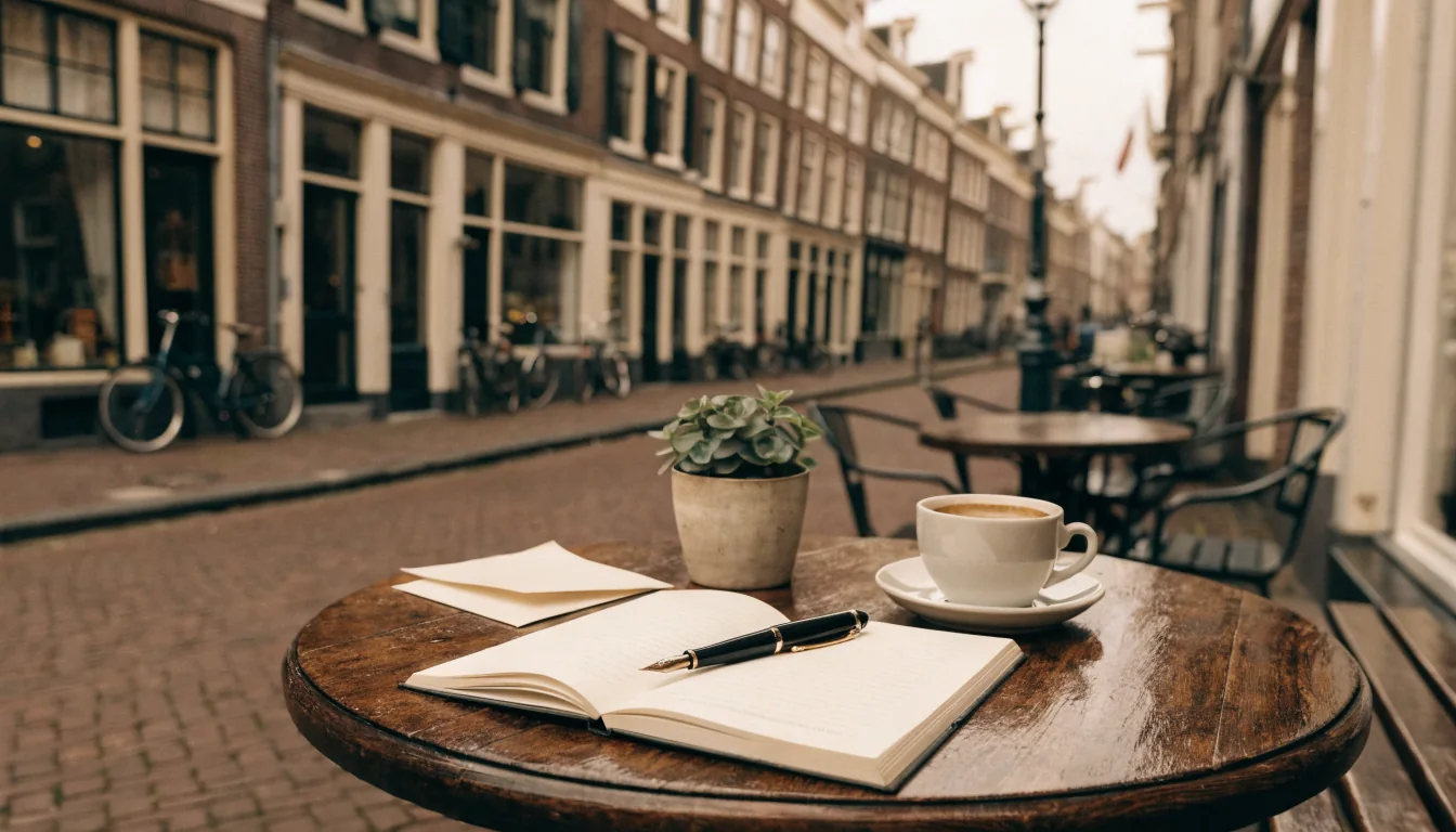 Een leeg notitieboek, een pen en een kop koffie op een houten tafeltje aan een gracht.