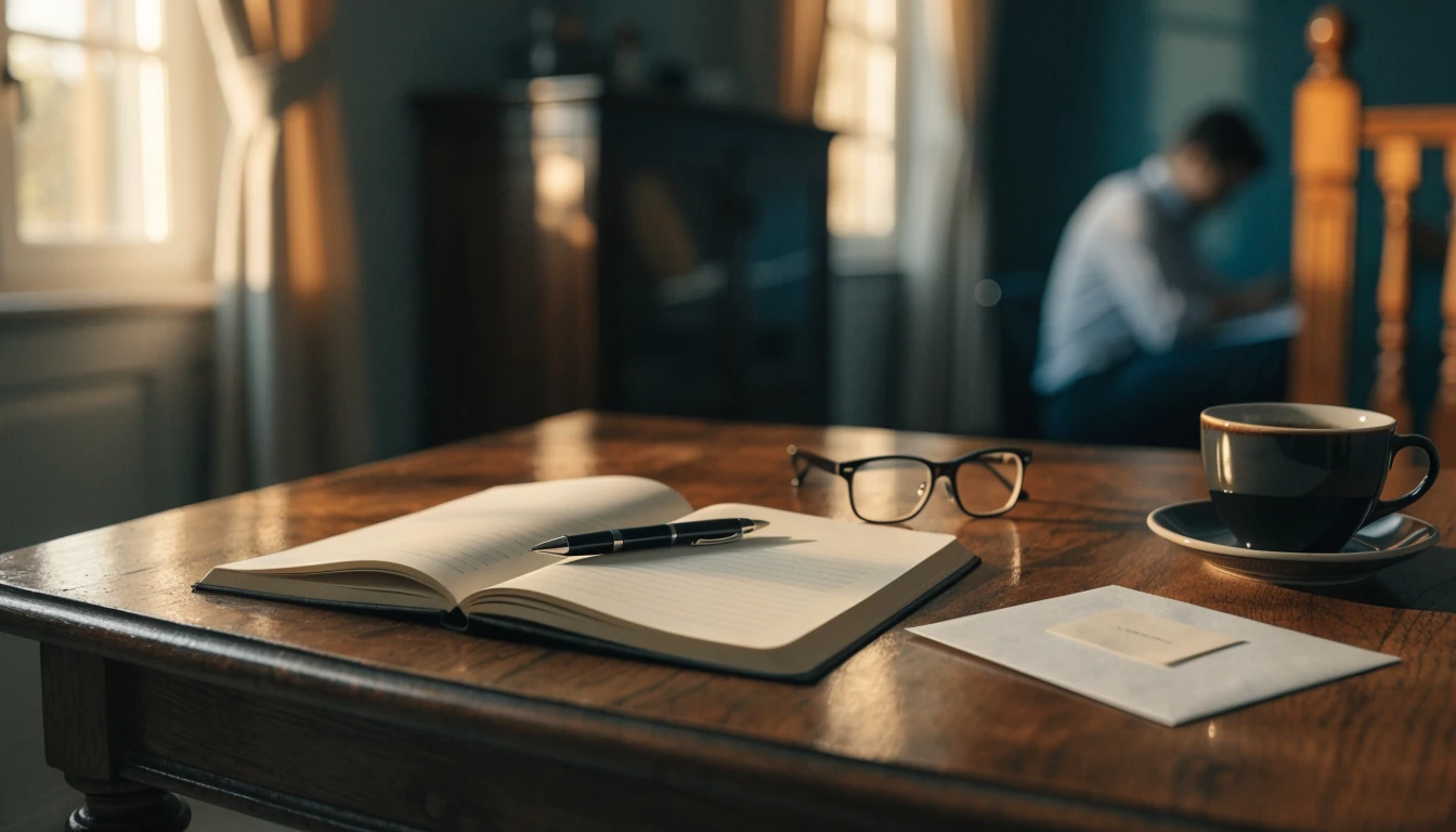 Notitieboek met leesbril en envelop op een bureau