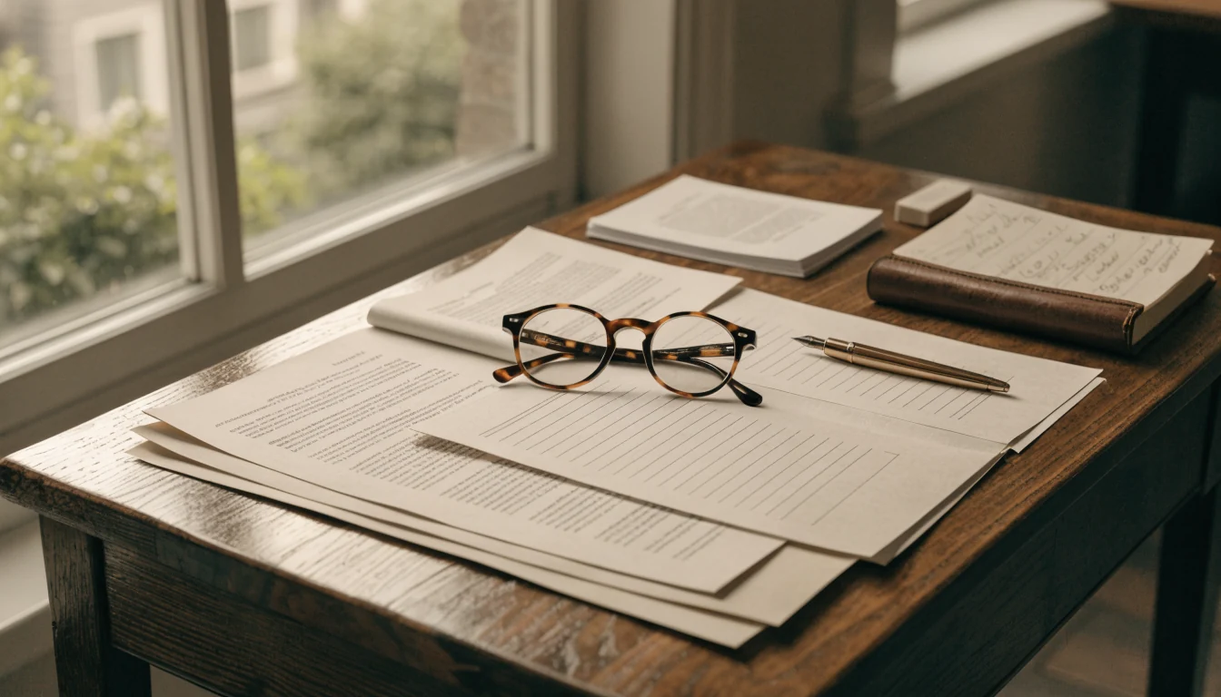 Werkplek met stapels documenten, een leesbril en een notitieboek op een houten bureau