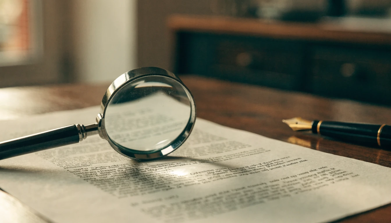 Vergrootglas op een afgedrukt document op een bureau